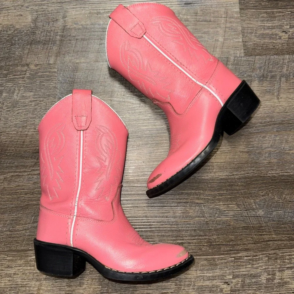 Old West Girls Cowboy Boots Size 11 D Pink Leather Western Cowgirl J Toe 8119